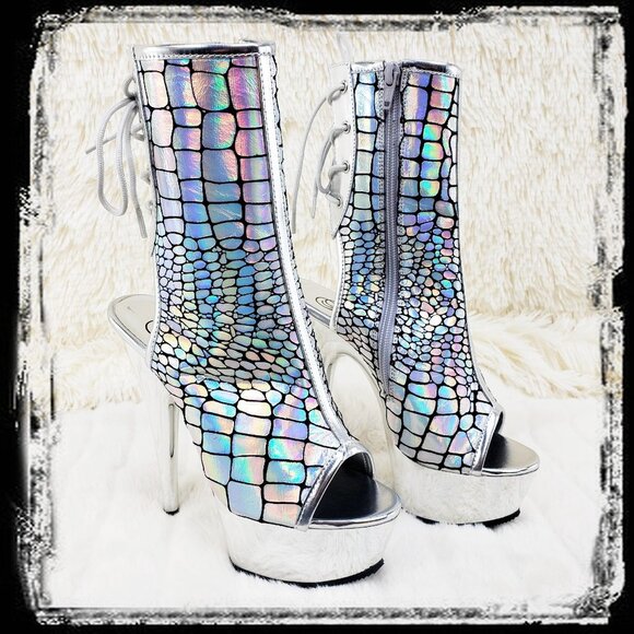 Brand New Delight 1018HG Sexy Silver Hologram Platform Heels Ankle Boots - Picture 14 of 16